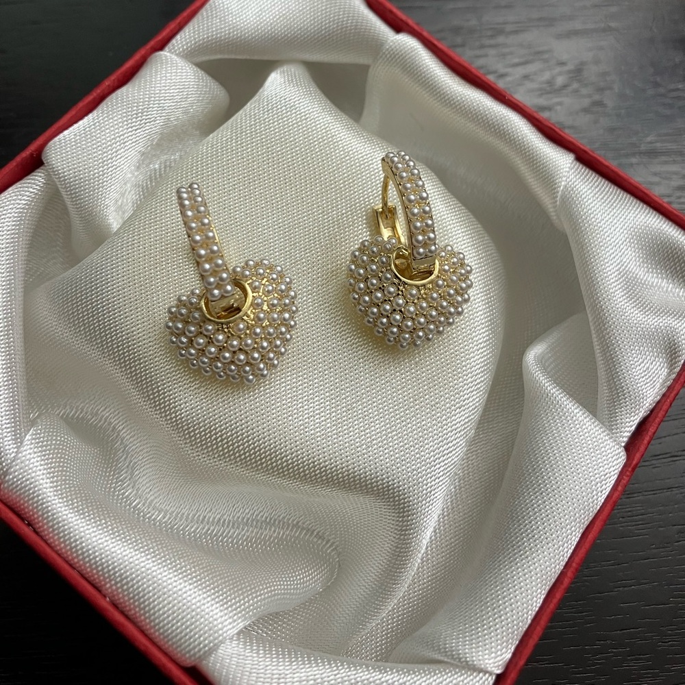 Simulated Pearl Convertible Huggie Hoop Dangling Heart Custom Earrings Valentine